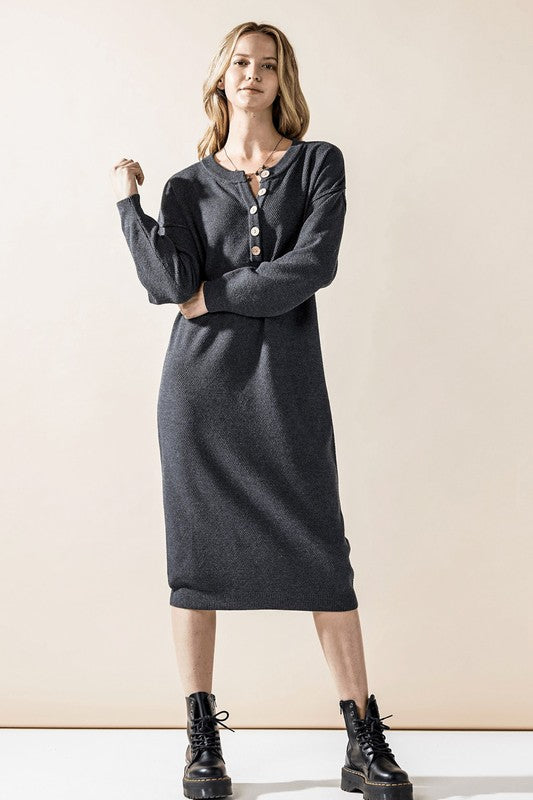 Comfy Button-front Soft Sweater Kint Midi Dress