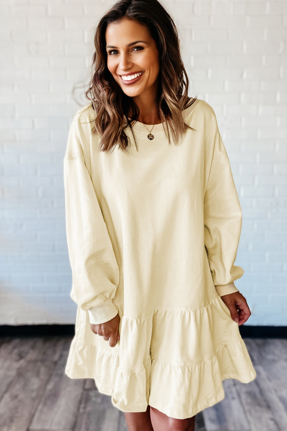 Solid Tiered Ruffle Hem Long Sleeve Dress